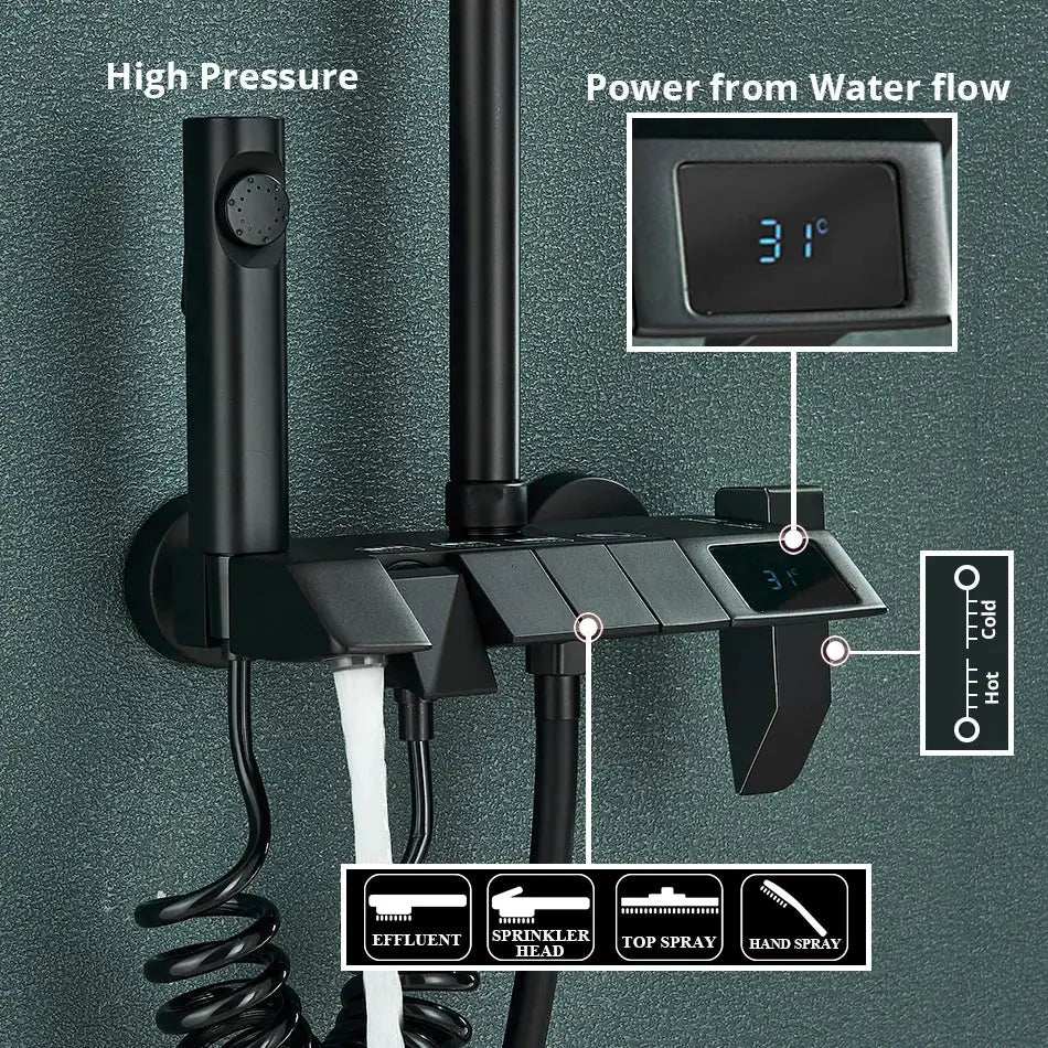 Matte black digital rainfall shower system with decorbites digital display and multiple spray settings bathroom faucet kit