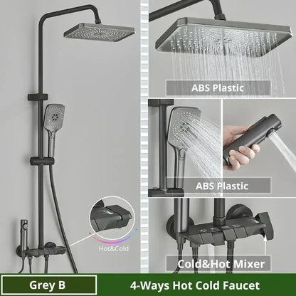 Matte black digital rainfall shower system by decorbites with square rainhead handheld spray and 4-way mixer in abs plastic
