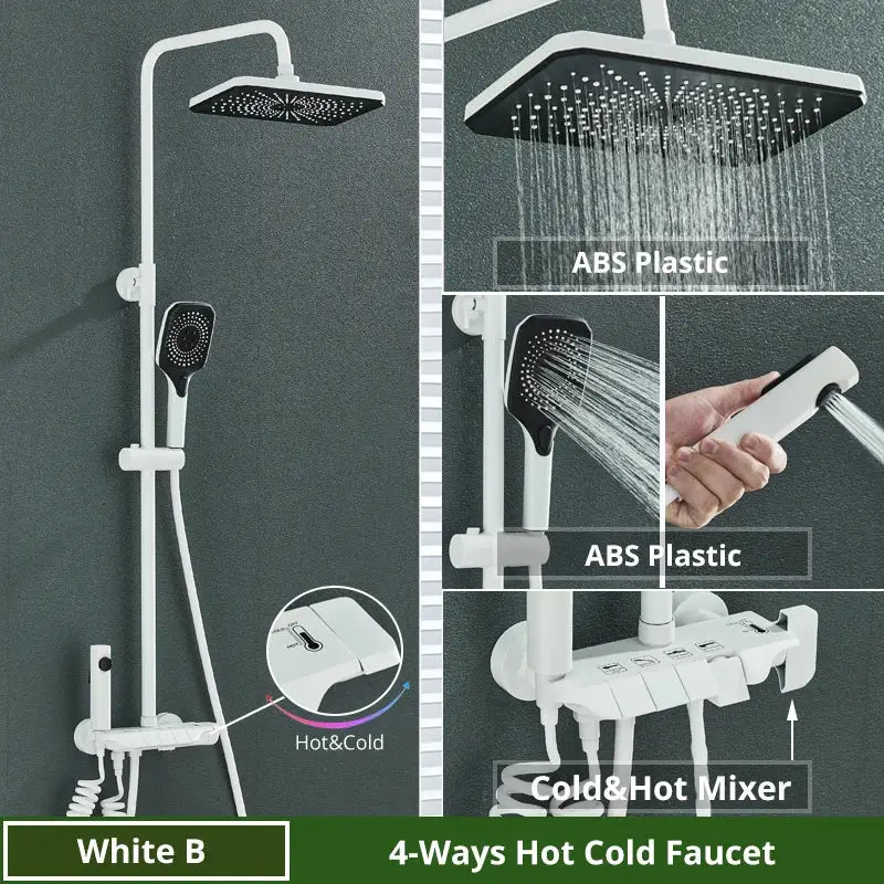 Matte black decorbites digital rainfall shower system with white abs plastic square rainhead handheld spray and mixer