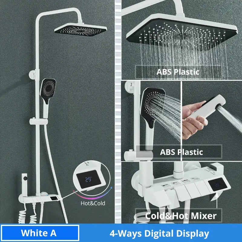 Matte black decorbites digital rainfall shower system with white abs plastic, square rainhead, handheld shower, and digital display