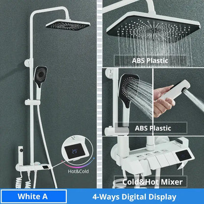 Matte black decorbites digital rainfall shower system with white abs plastic, square rainhead, handheld shower, and digital display