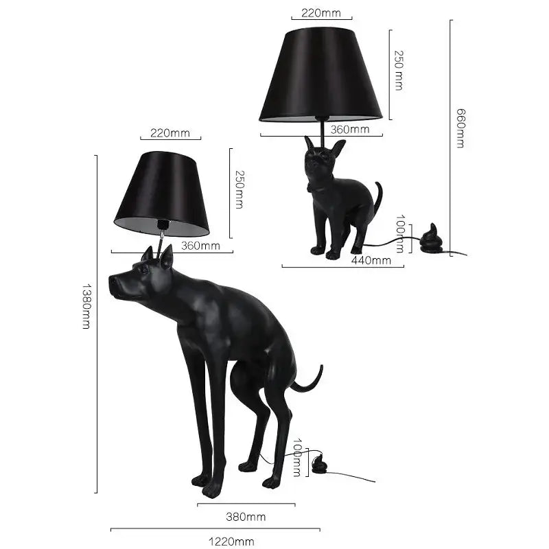 Matte black dog floor lamp with a glossy body, matte shade, and unique poop emoji cord plug for decorbites big dog led lighting