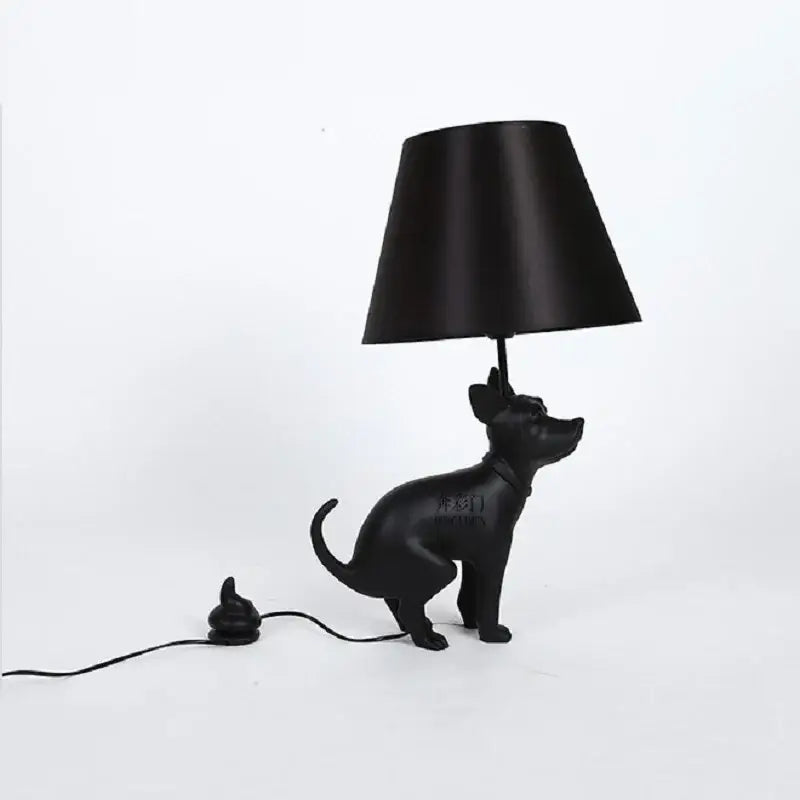 Matte black resin dog floor lamp with conical shade and poop-themed plug adapter for decorbites big dog led lighting