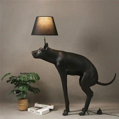 Black glossy floor lamp shaped like a dog with a textured matte black cylindrical shade decorbites big dog led decor