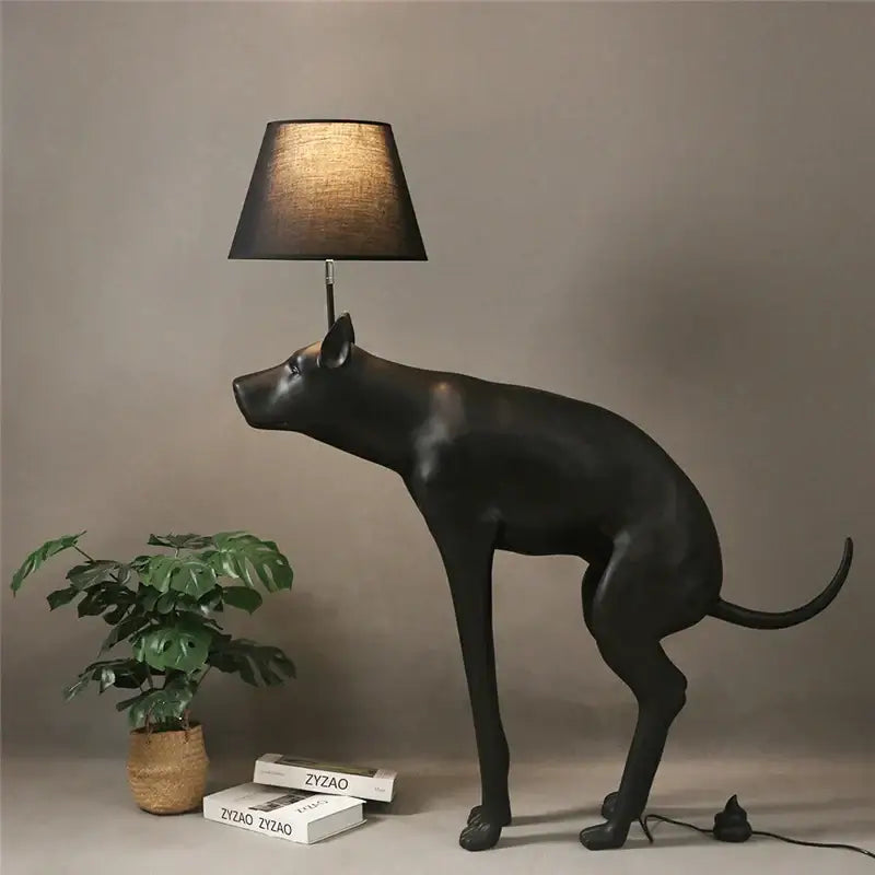 Black glossy floor lamp shaped like a dog with a textured matte black cylindrical shade decorbites big dog led decor