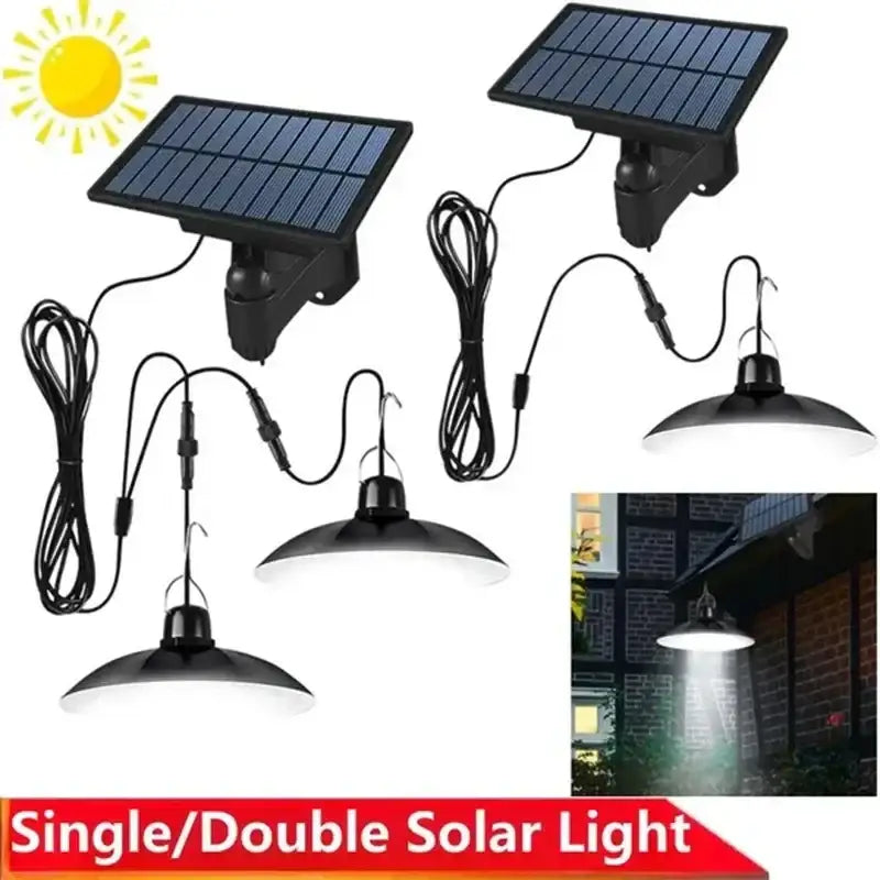 Matte black double head solar pendant light with curved dome shades for patio outdoor decor