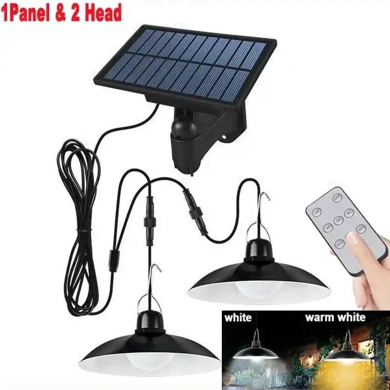 Matte black double head solar pendant light with remote control for warm white or cool white outdoor patio lighting