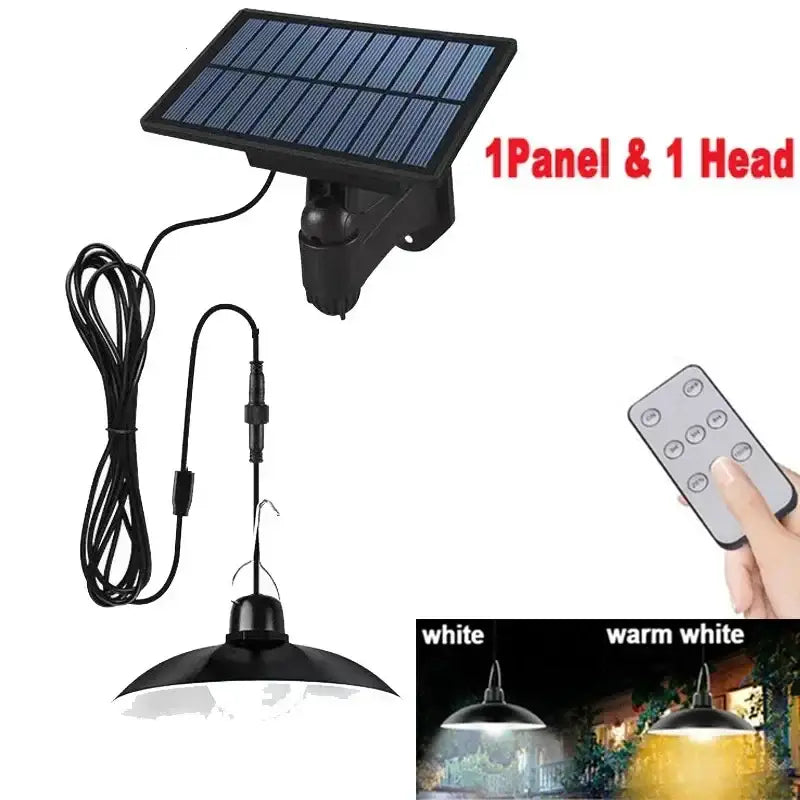 Matte black double head solar pendant light with remote control for adjustable white and warm white outdoor lighting