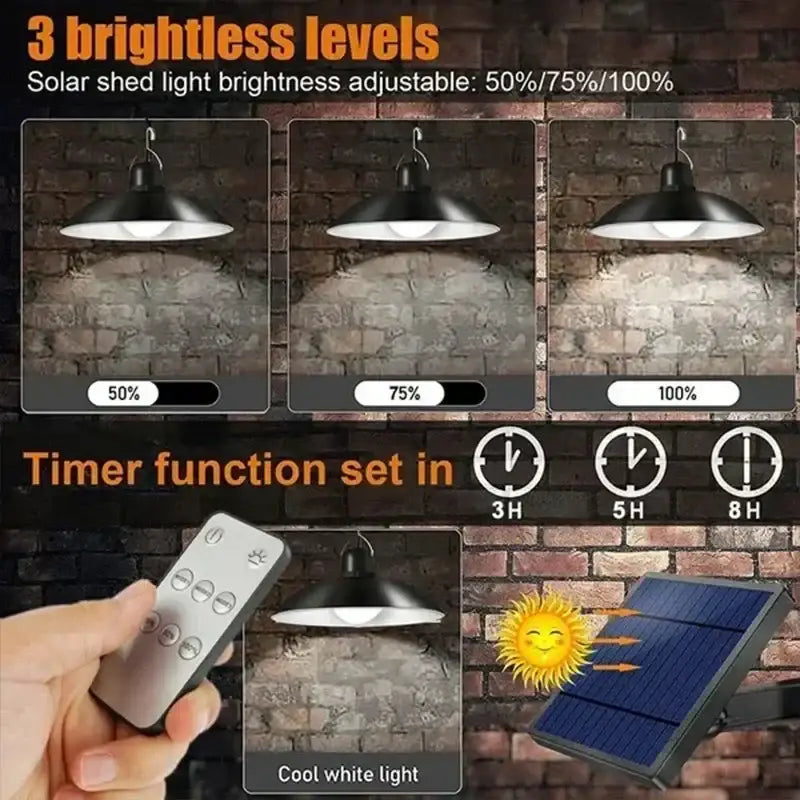 Matte black double head solar pendant light with adjustable brightness and timer function for outdoor patio decor