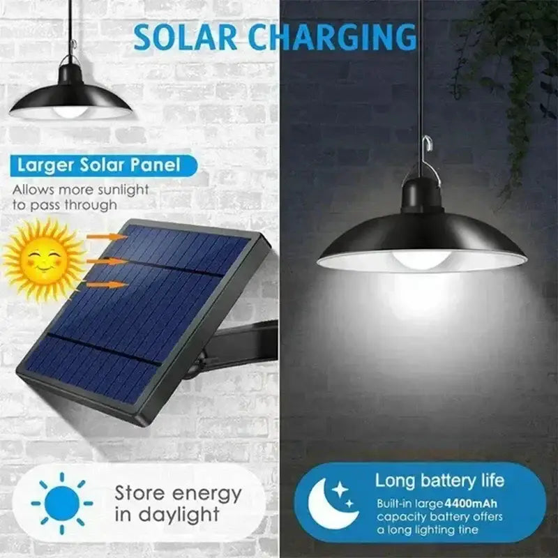 Matte black double head solar pendant light with dome shade and integrated panel for indoor and outdoor use