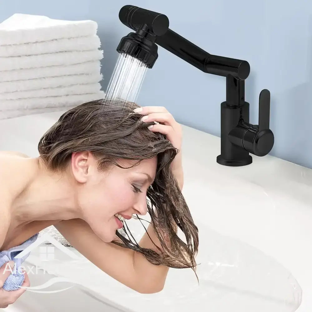 Matte black dual function swivel faucet with adjustable shower head and dual-handle articulated arm base for bathroom use