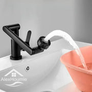 Matte black dual function swivel faucet with black matte finish and flexible spray nozzle attached to its side