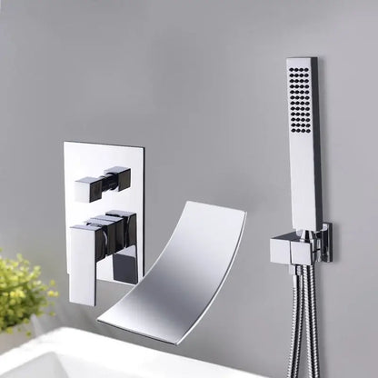Modern chrome-finished wall-mounted faucet set with sleek curved waterfall spout and handheld for decorbites dual handle bathtub