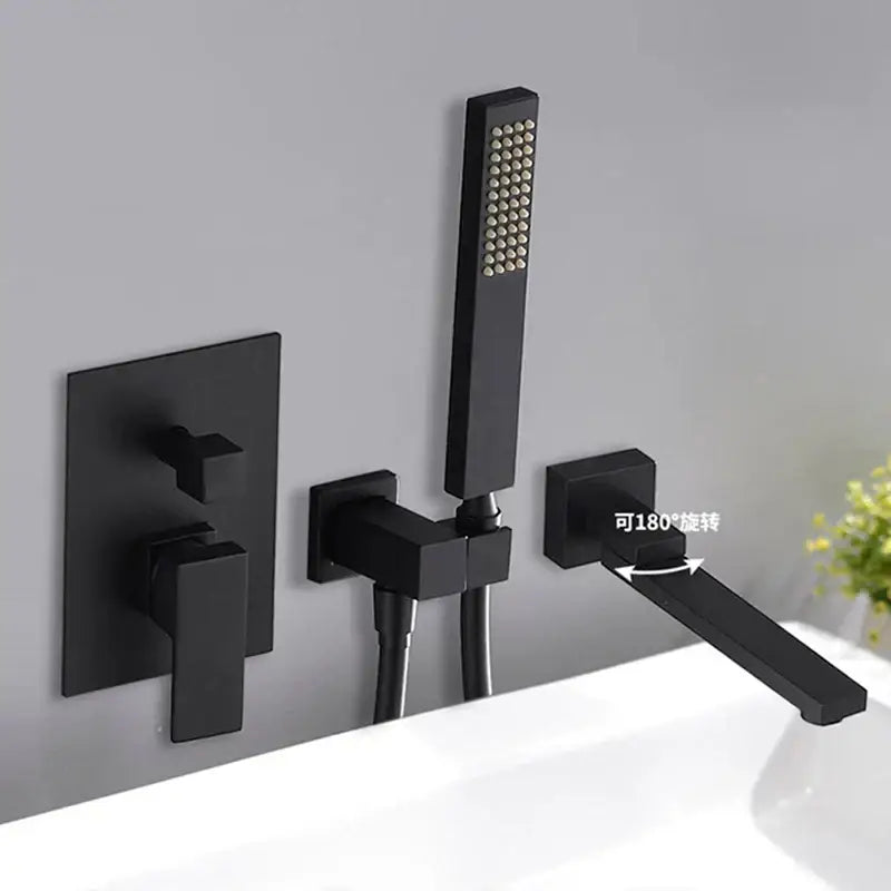 Matte black dual handle bathtub faucet set with wall-mounted rectangular spout and detachable handheld shower by decorbites