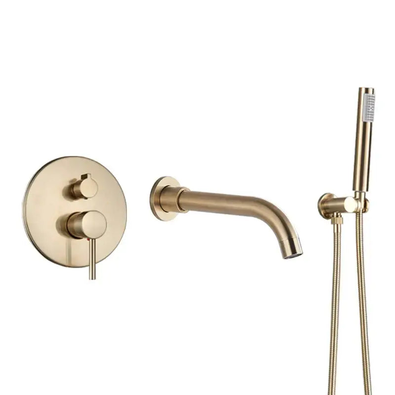 Matte black dual handle bathtub faucet set with a brushed gold finish and circular wall-mounted control decorbites dual handle