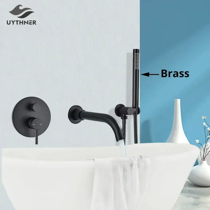 Matte black dual handle bathtub faucet set with handheld shower bathroom featuring black matte brass finish decorbites dual handle faucet set
