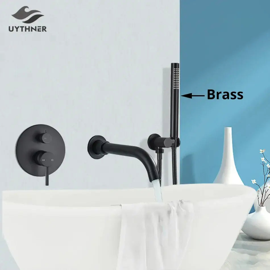 Matte black dual handle bathtub faucet set with handheld shower bathroom featuring black matte brass finish decorbites dual handle faucet set