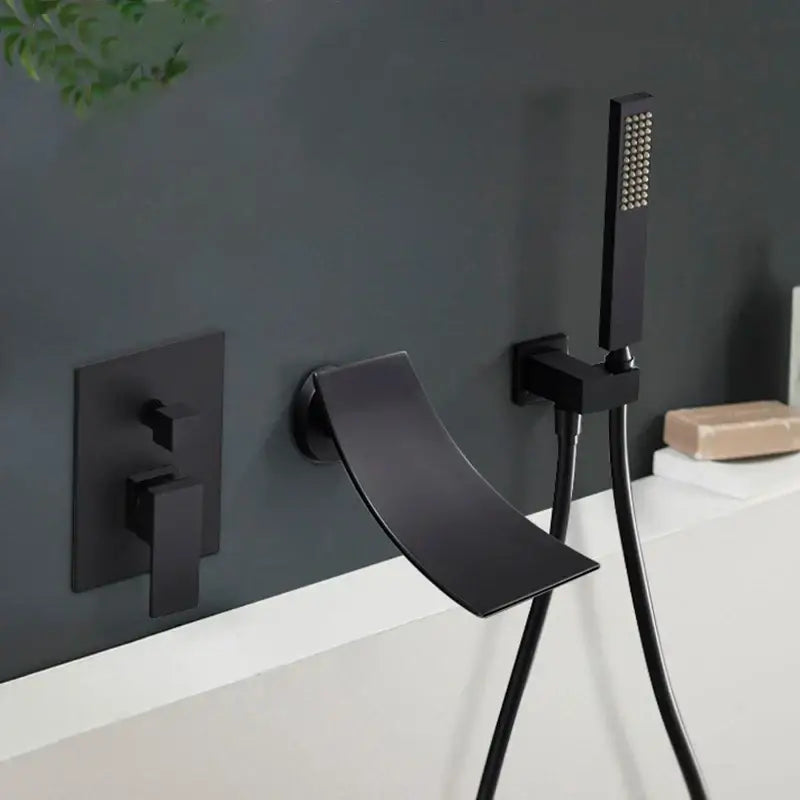Matte black dual handle bathtub faucet set with sleek curved spout and matching handheld shower decorbites faucet set
