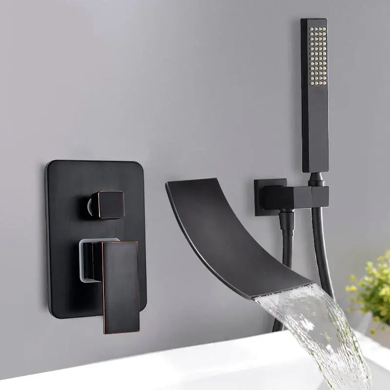 Matte black decorbites dual handle bathtub faucet set with waterfall shower faucet and handheld showerhead wall mounted