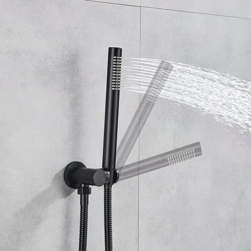 Matte black decorbites dual handle faucet set with dual spray handheld shower and flexible hose for bathroom use