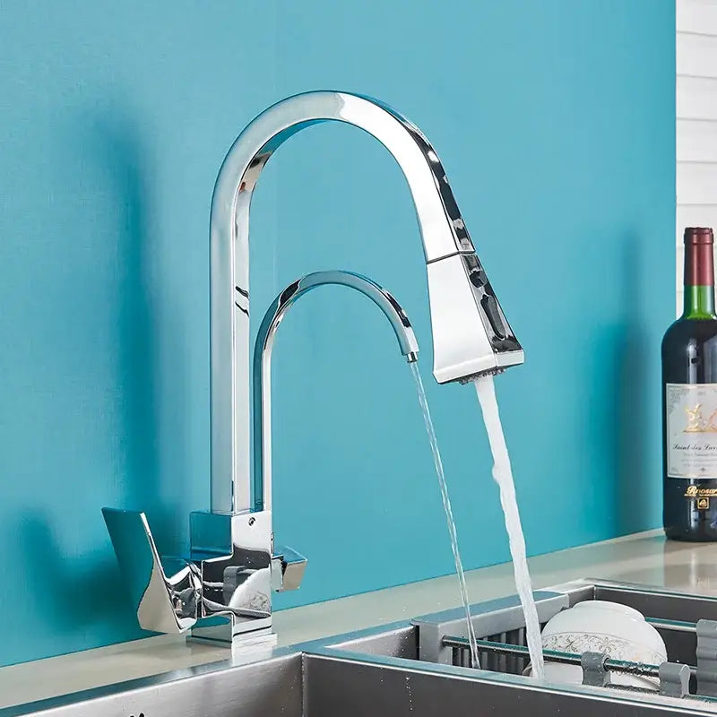 Chrome-finished kitchen faucet with pull-down spray and curved spout featuring dual handle decorbites design
