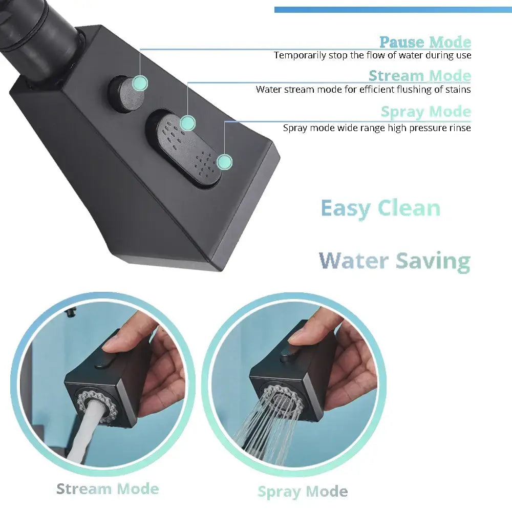Matte black dual handle kitchen faucet with pull down spray head featuring three spray modes for versatile cleaning
