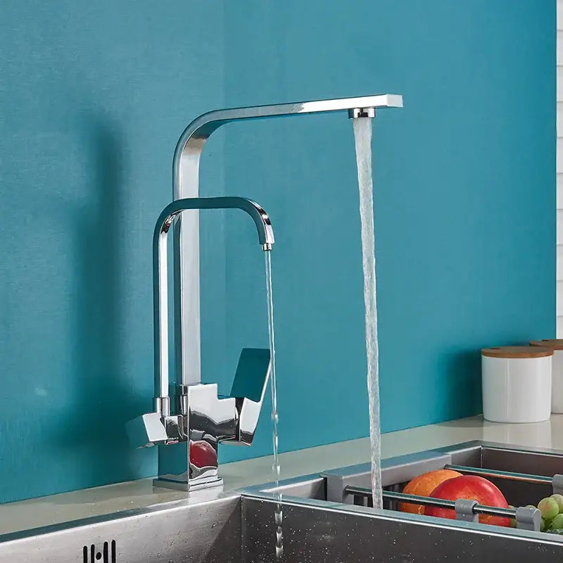 Modern chrome-finished kitchen faucet with sleek angular design and dual spray streams for decorbites dual handle use
