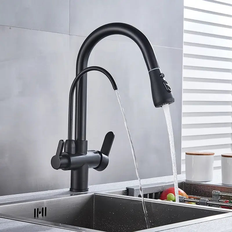 Matte black dual handle kitchen faucet with curved spout and pull down spray head by decorbites dual handle