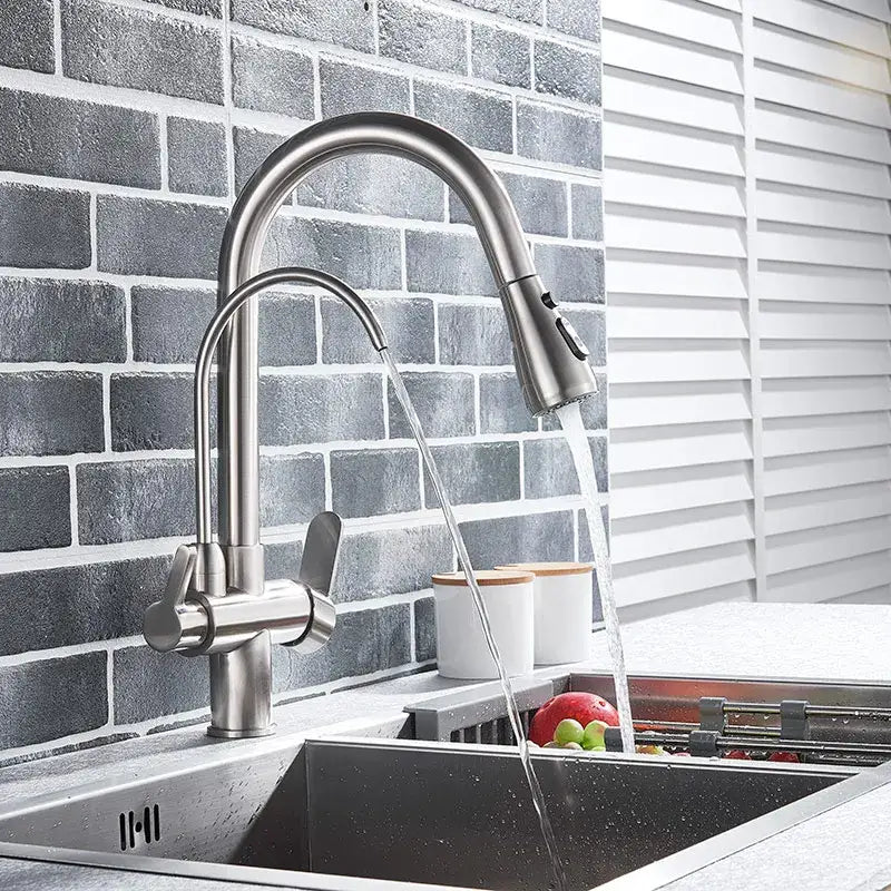 Modern brushed stainless steel kitchen faucet with sleek curved spout and pull-down spray head decorbites dual handle