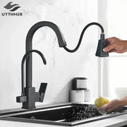 Matte black dual handle kitchen faucet with flexible pull down spray head by decorbites in black matte finish