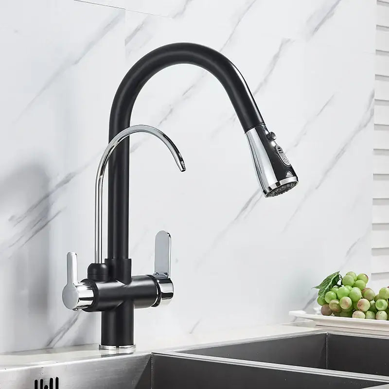 Matte black dual handle kitchen faucet with curved chrome spout and pull down spray head by decorbites dual handle