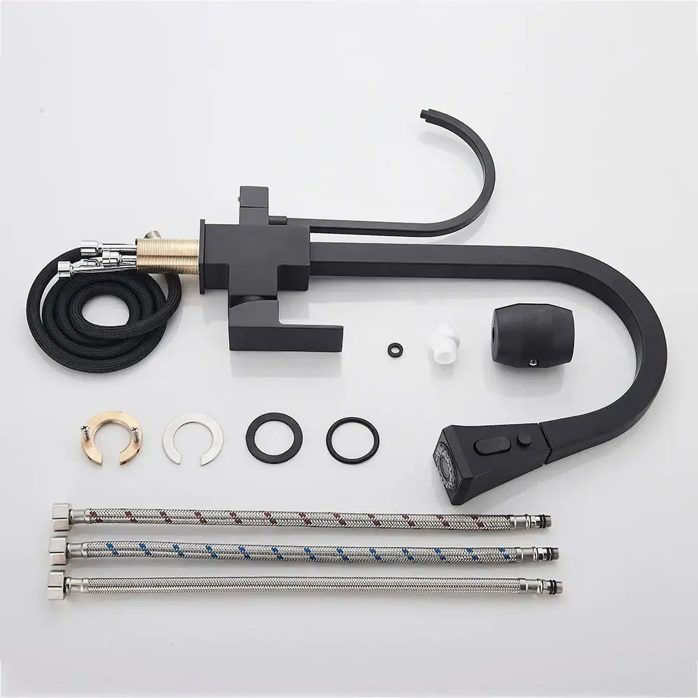 Matte black dual handle kitchen faucet with pull down spray head and curved spout by decorbites dual handle