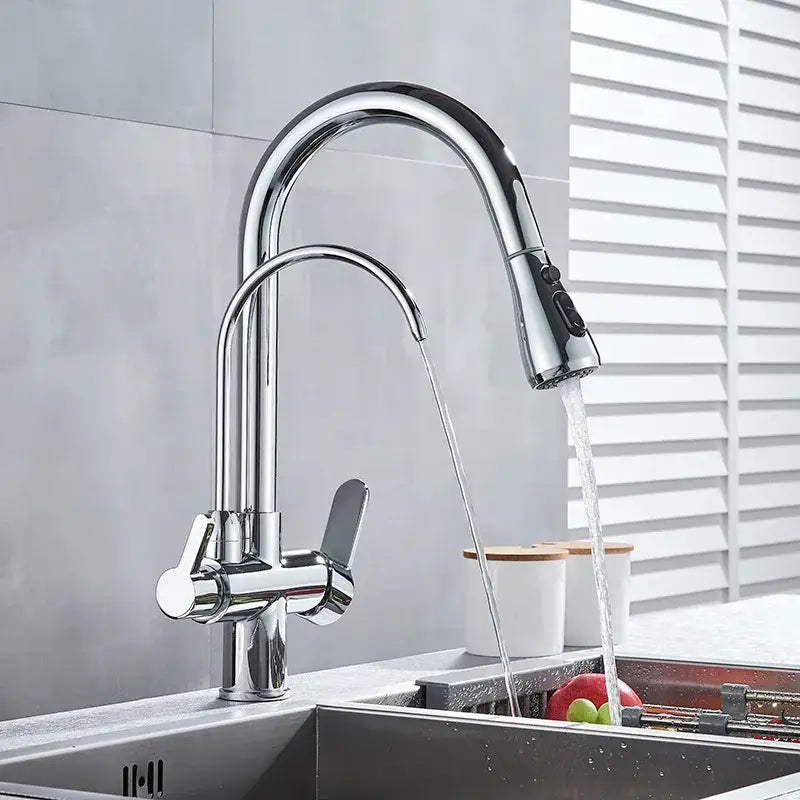 Chrome-finished kitchen faucet with dual handle hot and cold control and pull-down spray head decorbites dual handle