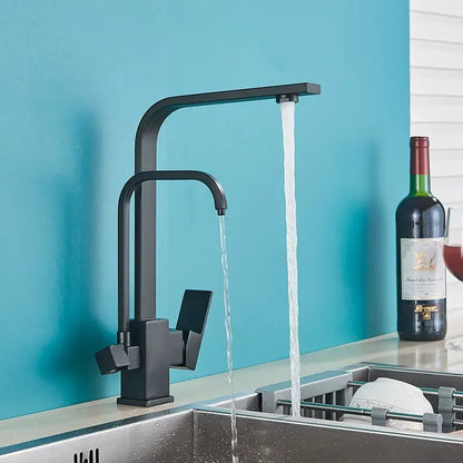 Matte black dual handle kitchen faucet with pull down spray head and dual spray streams by decorbites dual handle