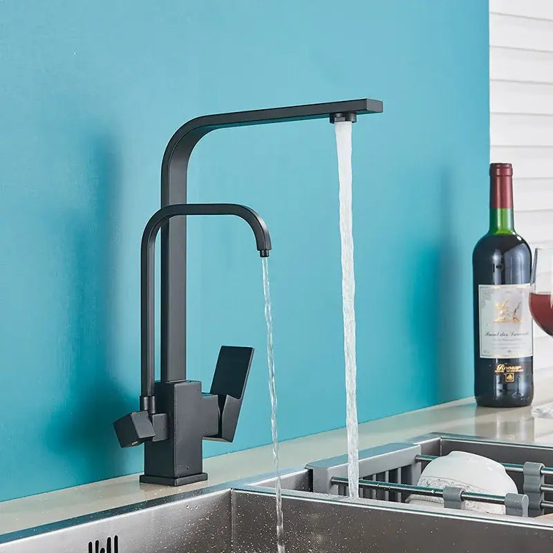 Matte black dual handle kitchen faucet with pull down spray head and dual spray streams by decorbites dual handle