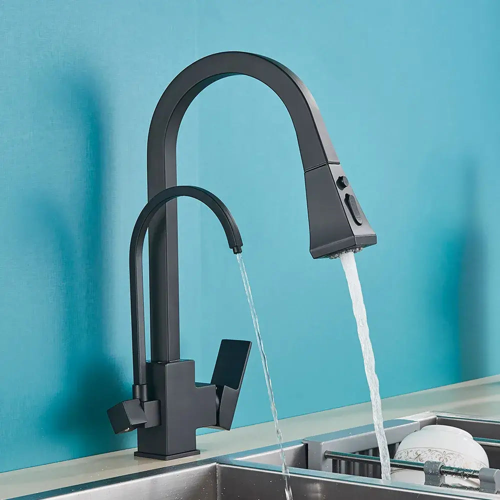 Matte black dual handle kitchen faucet with pull down spray head and sleek modern design by decorbites dual handle