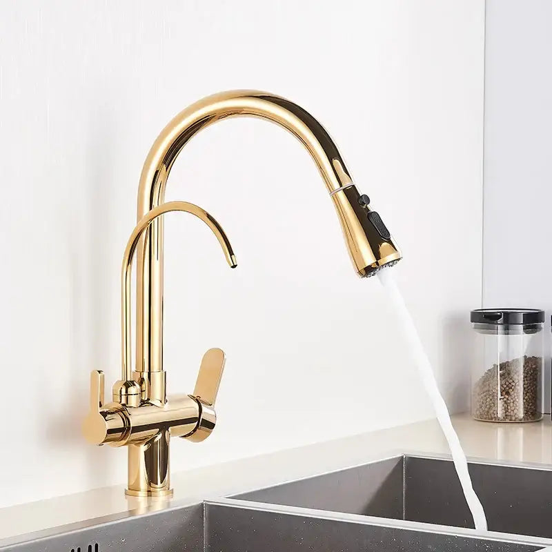 Matte black dual handle kitchen faucet with pull down spray head and gold curved spout decorbites dual handle design