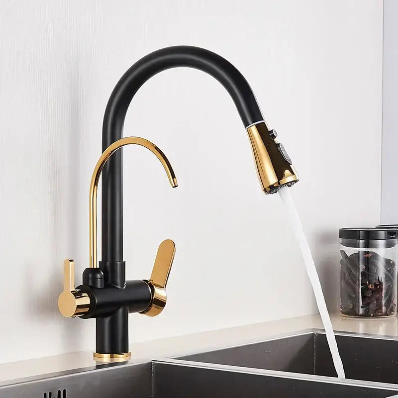 Matte black dual handle kitchen faucet with black and gold finish curved spout and pull down spray head decorbites dual handle