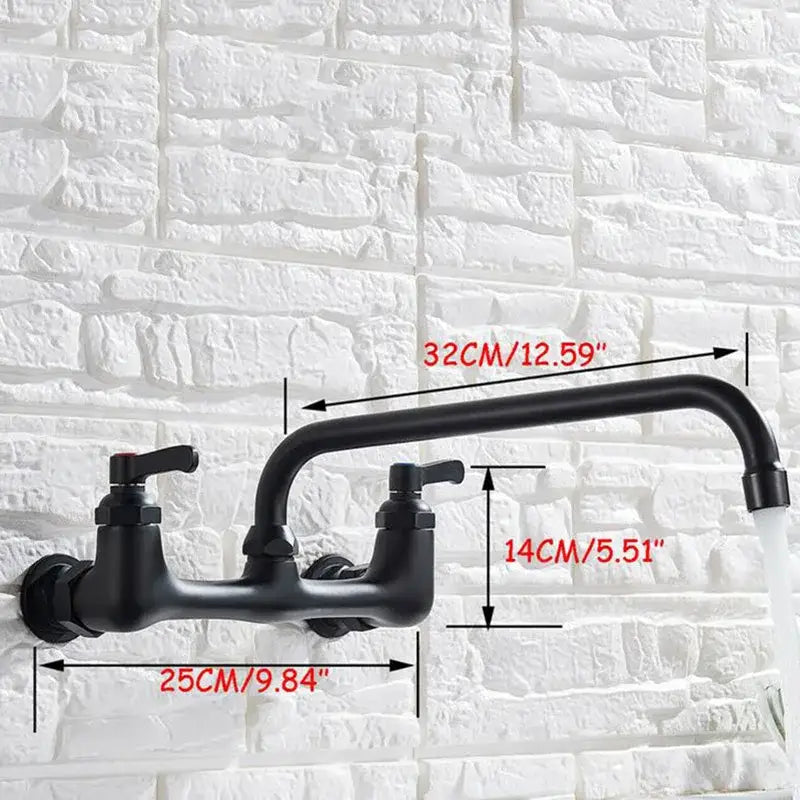 Matte black dual handle kitchen faucet with swivel hot cold tap and curved spout featuring integrated hose