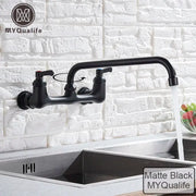 Matte black myqualife wall-mounted kitchen faucet with dual handle design and swivel hot cold water tap curved spout