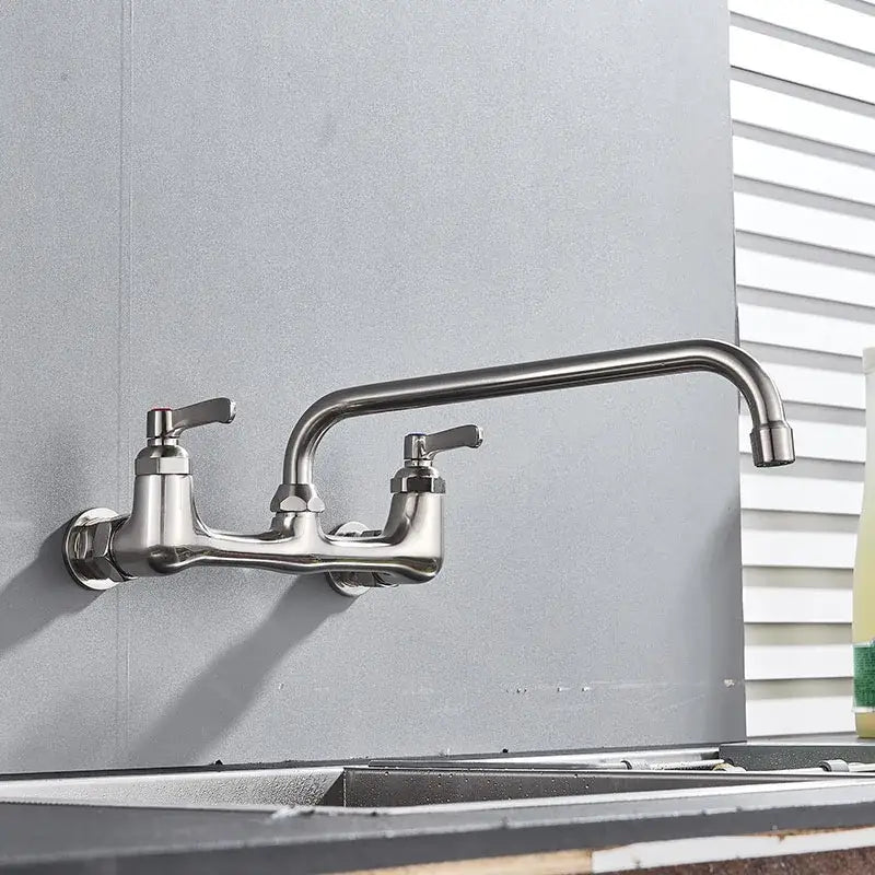 Stainless steel dual handle wall-mounted kitchen faucet with curved spout and polished finish for swivel hot water use
