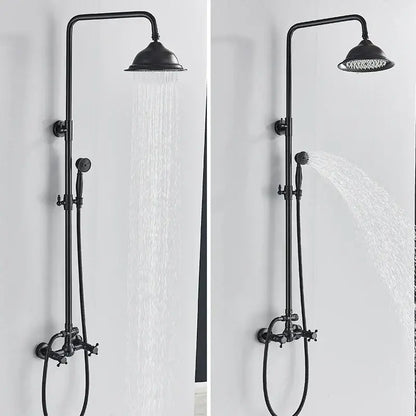 Matte black dual handle shower mixer with tall vertical pipe fixed overhead rainhead and handheld spray nozzle