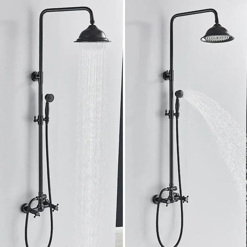 Matte black dual handle shower mixer with tall vertical pipe fixed overhead rainhead and handheld spray nozzle