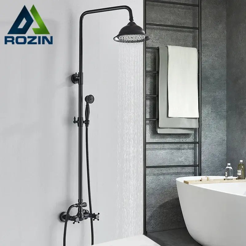 Matte black dual handle shower mixer with rainfall shower faucet features tall overhead rainhead and handheld spray nozzle