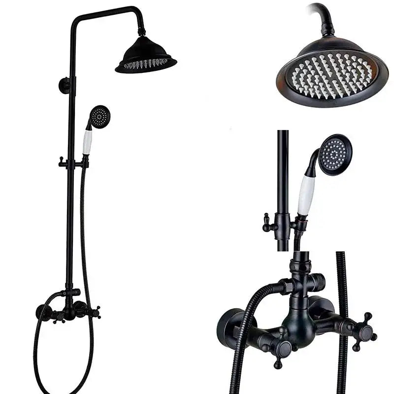 Matte black dual handle shower mixer tap set with rainhead handheld spray and white ceramic faucet handles for bathroom