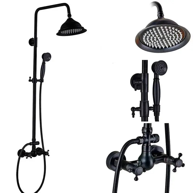 Matte black brass dual handle shower mixer with rainfall overhead and handheld spray shower faucet bathroom set