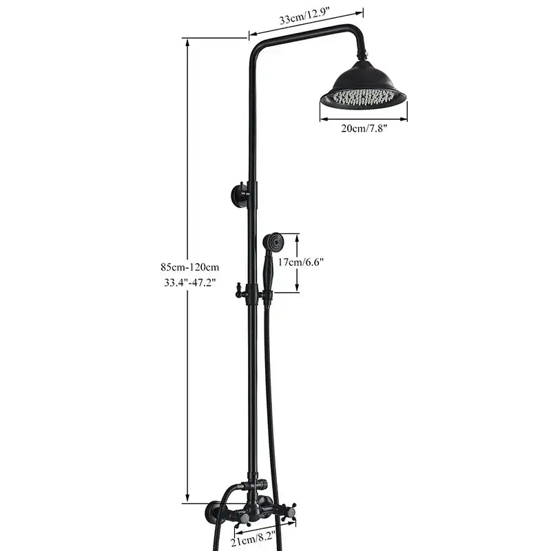 Matte black dual handle shower mixer faucet with curved arm fixed rainhead and handheld spray nozzle bathroom set