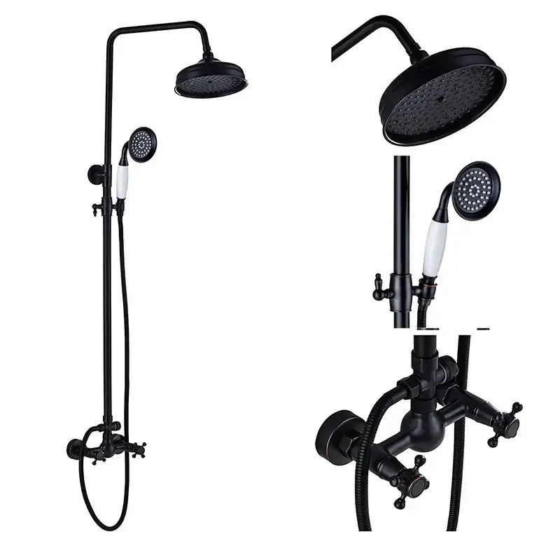 Matte black dual handle shower mixer set with overhead rainhead and white ceramic handles on wall-mounted shower faucet