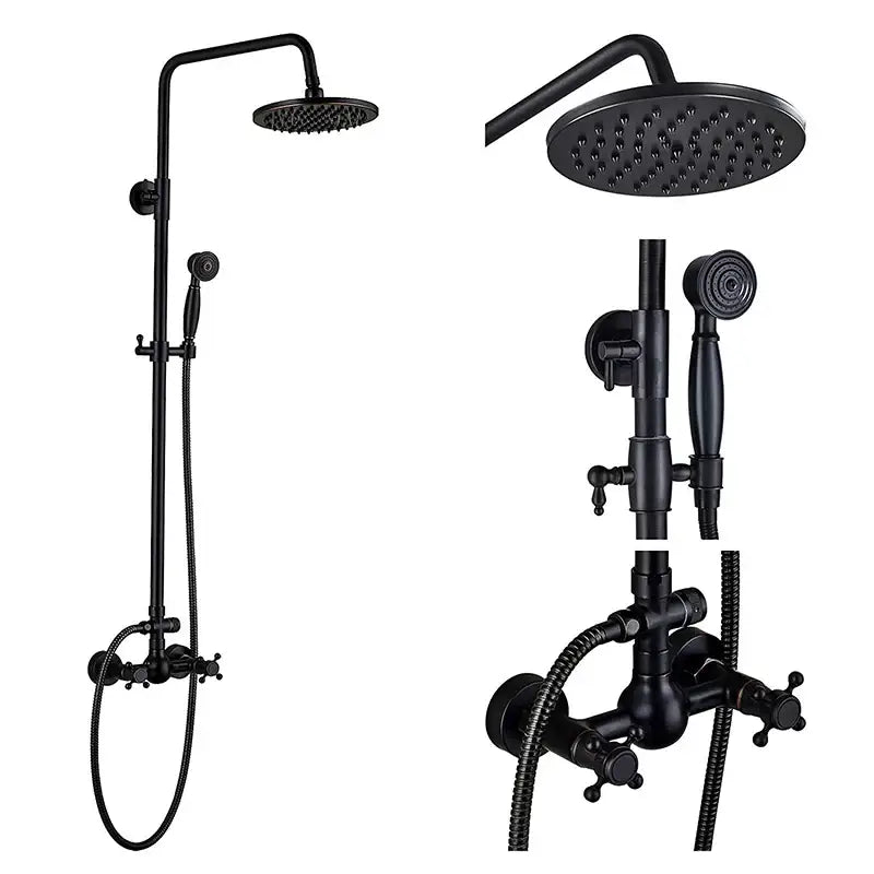 Matte black dual handle shower mixer with rainhead and vintage style cross-handle shower faucet for bathroom use