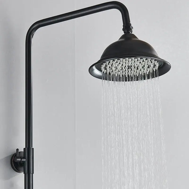 Matte black dual handle shower mixer tap with a curved arm shower faucet featuring multiple water jets